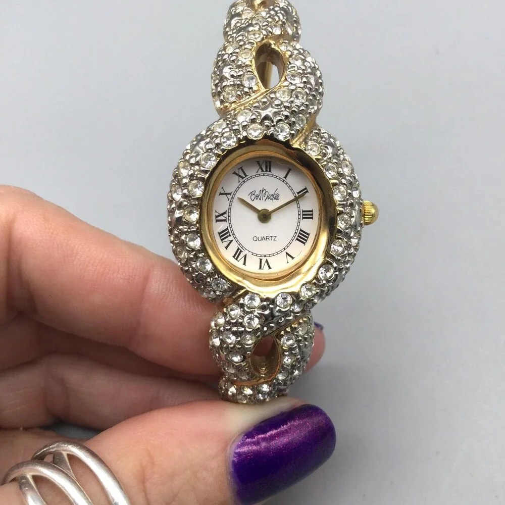 Bob Mackie Watch Womens Watch 26mm White Dial Gold Tone Bangle New Battery 6.5